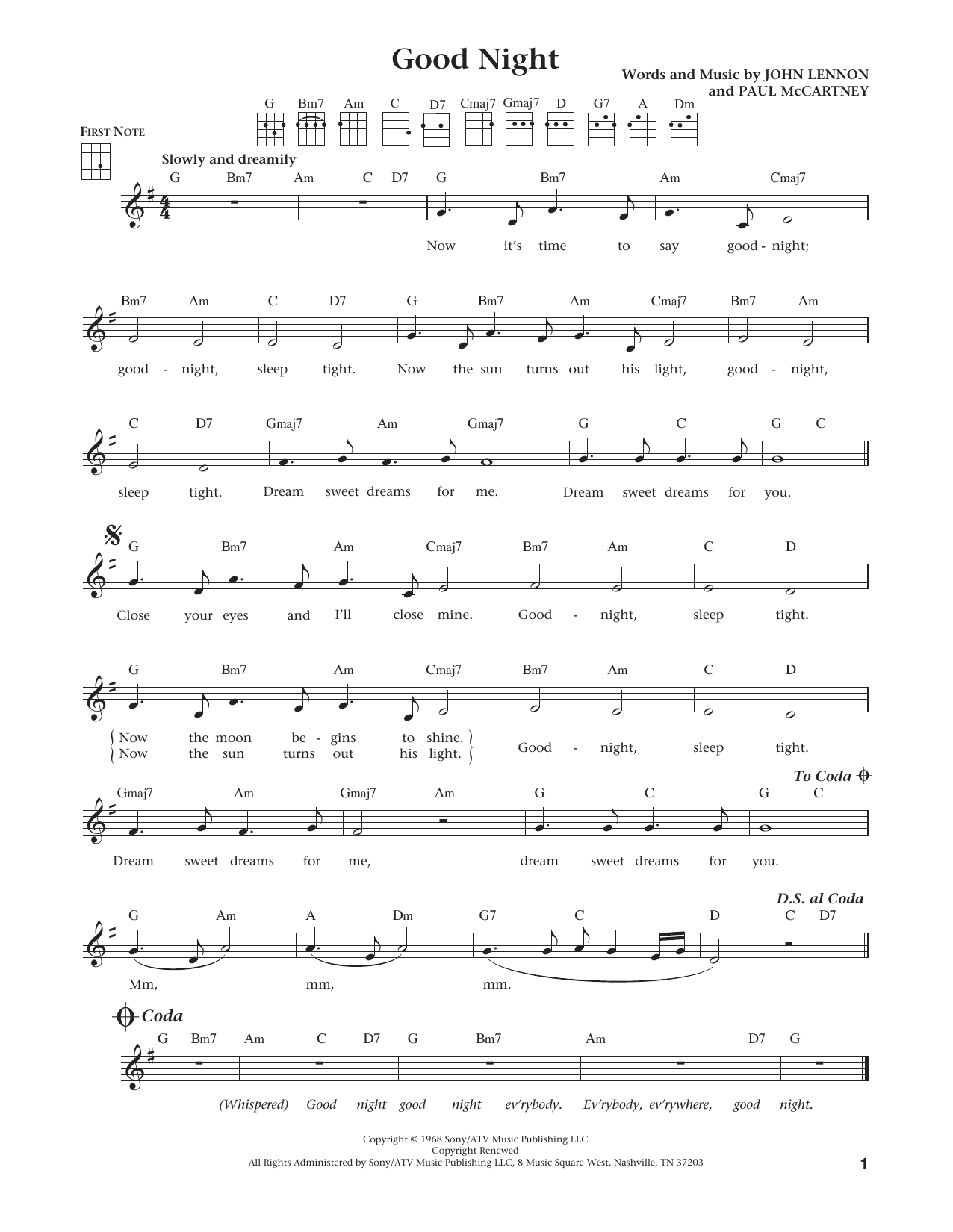 The Beatles Good Night (from The Daily Ukulele) (arr. Liz and Jim Beloff) sheet music notes and chords arranged for Ukulele
