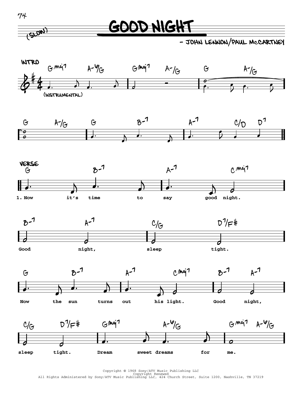 The Beatles Good Night [Jazz version] sheet music notes and chords arranged for Real Book – Melody, Lyrics & Chords