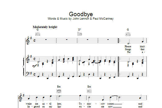 The Beatles Goodbye sheet music notes and chords arranged for Piano, Vocal & Guitar Chords (Right-Hand Melody)