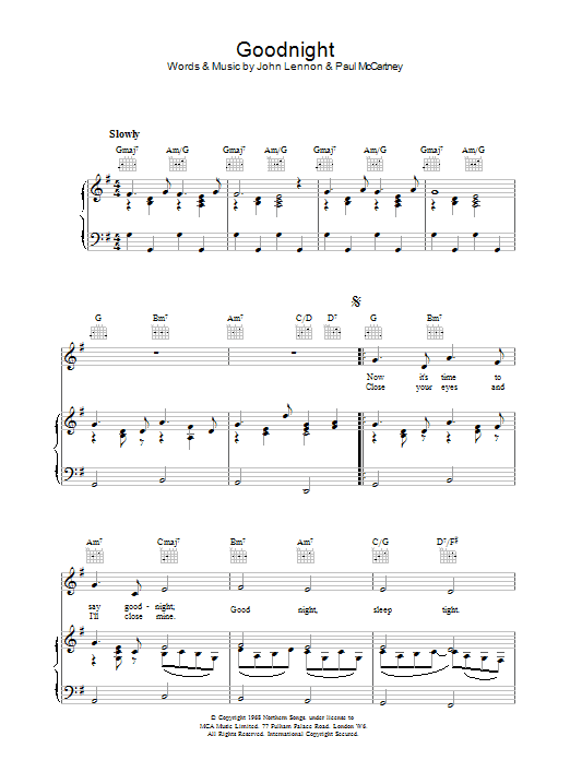 The Beatles Goodnight sheet music notes and chords arranged for Piano, Vocal & Guitar Chords