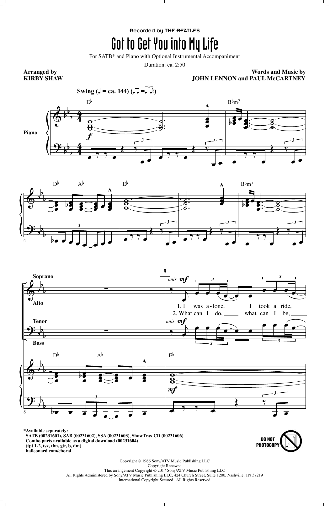 The Beatles Got To Get You Into My Life (arr. Kirby Shaw) sheet music notes and chords arranged for SATB Choir