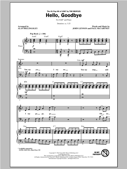 The Beatles Hello, Goodbye (arr. Alan Billingsley) sheet music notes and chords arranged for SATB Choir