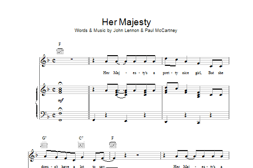 The Beatles Her Majesty sheet music notes and chords arranged for Piano, Vocal & Guitar Chords