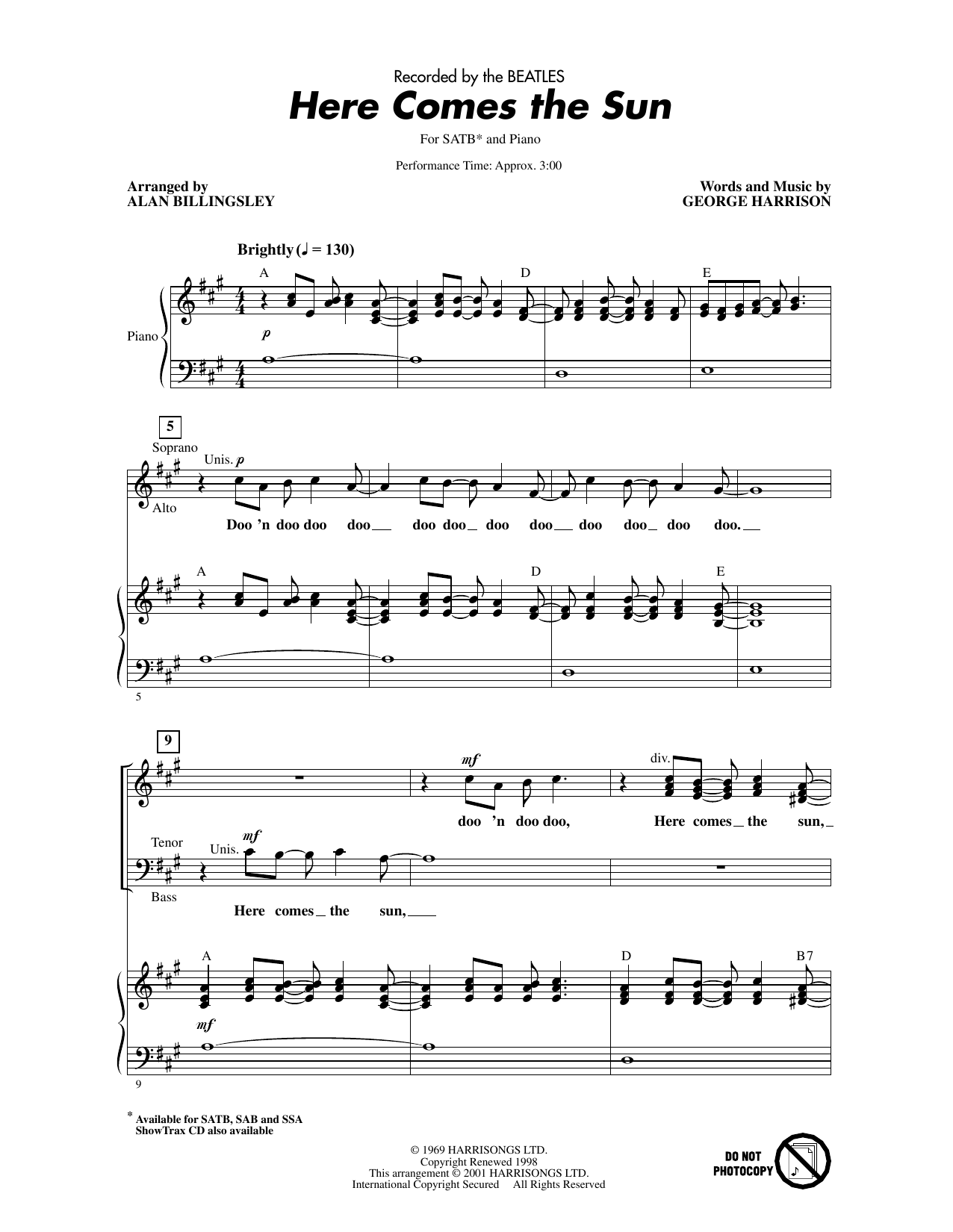 The Beatles Here Comes The Sun (arr. Alan Billingsley) sheet music notes and chords arranged for SAB Choir