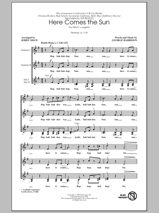 The Beatles Here Comes The Sun (arr. Kirby Shaw) sheet music notes and chords arranged for SATB Choir