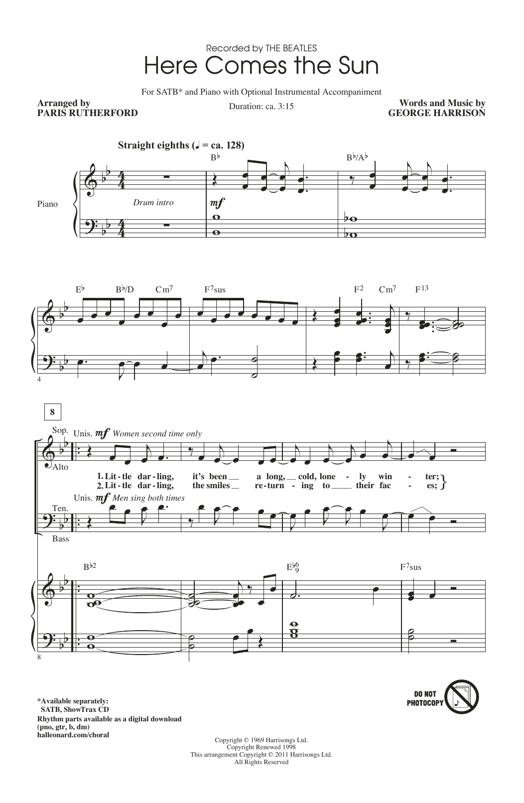 The Beatles Here Comes The Sun (arr. Paris Rutherford) sheet music notes and chords arranged for SATB Choir
