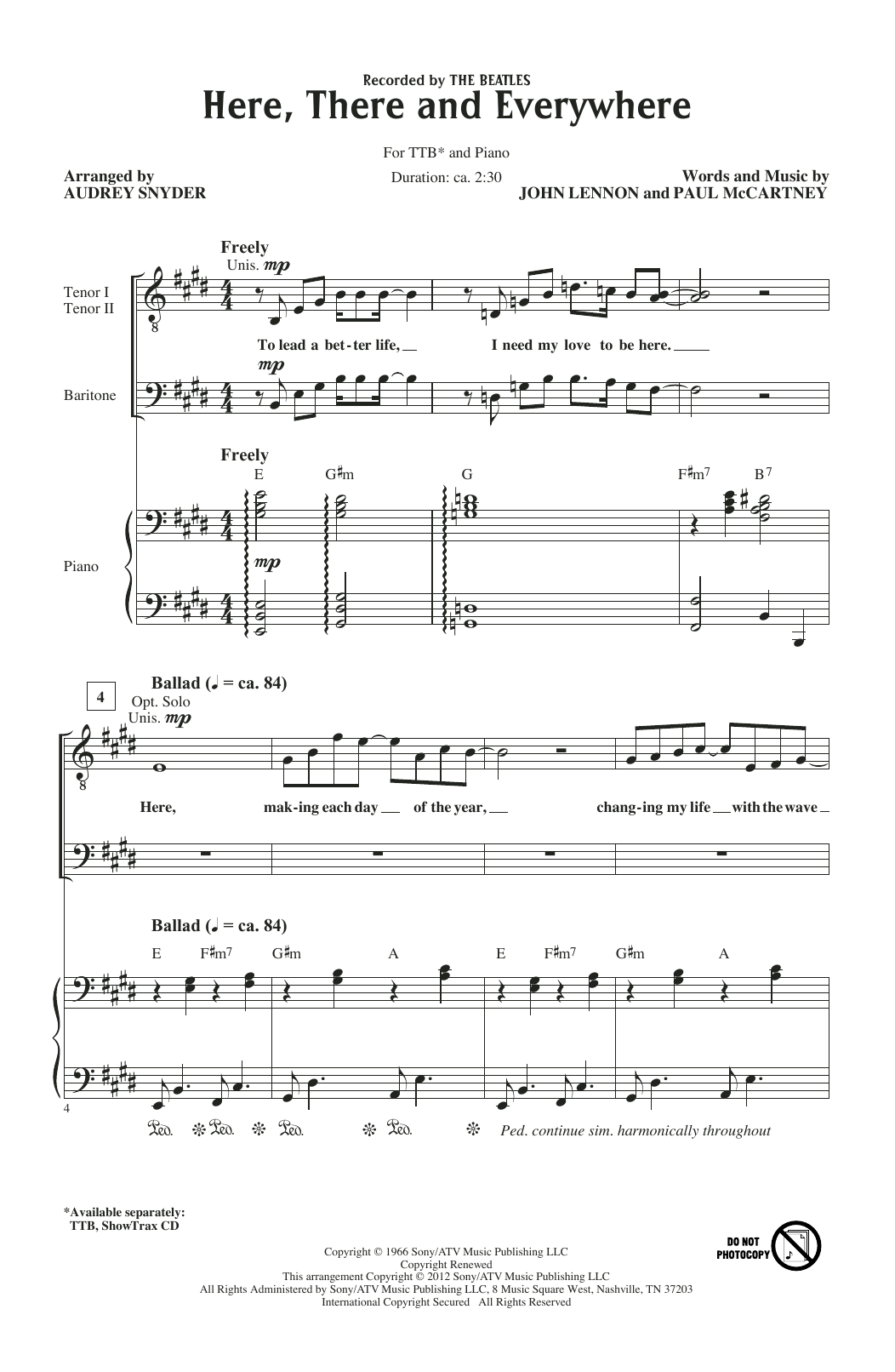 The Beatles Here, There And Everywhere (arr. Audrey Snyder) sheet music notes and chords arranged for TTB Choir