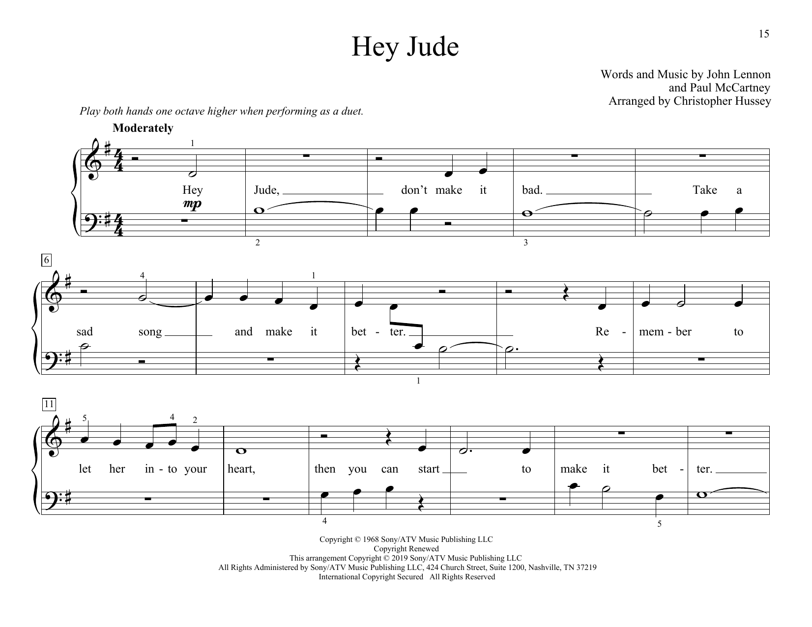 The Beatles Hey Jude (arr. Christopher Hussey) sheet music notes and chords arranged for Piano Duet