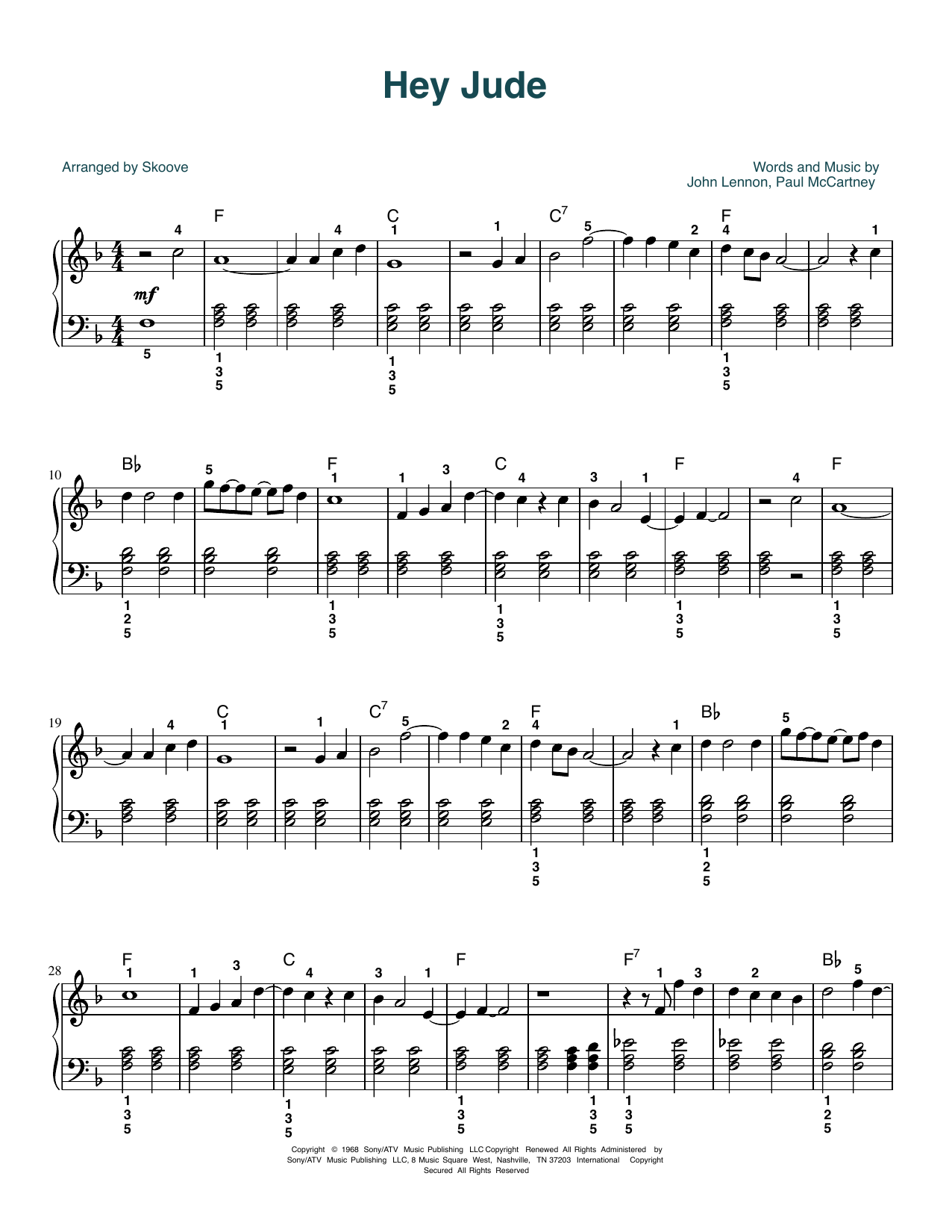 The Beatles Hey Jude (arr. Skoove) sheet music notes and chords arranged for Easy Piano