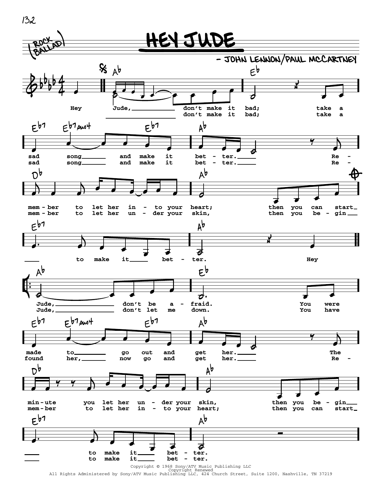 The Beatles Hey Jude (Low Voice) sheet music notes and chords arranged for Real Book – Melody, Lyrics & Chords