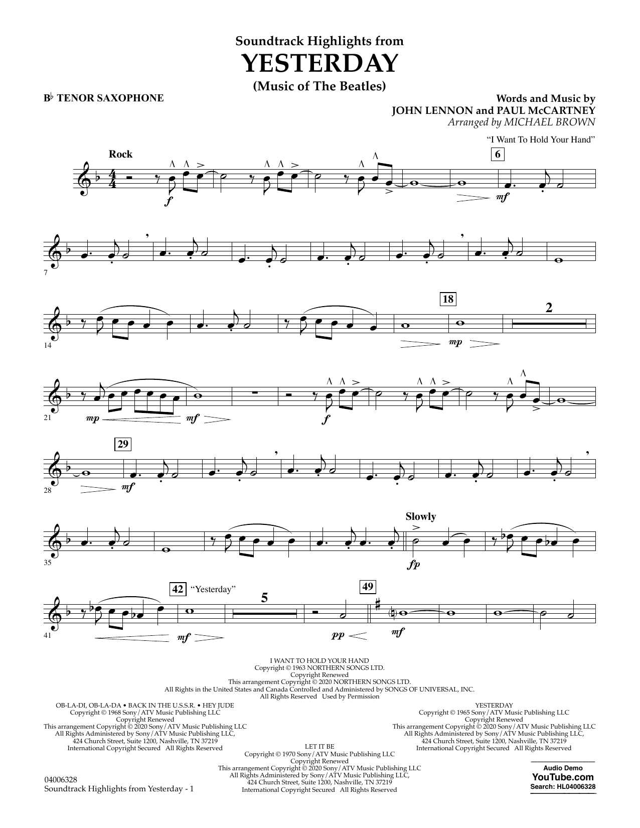 The Beatles Highlights from Yesterday (Music Of The Beatles) (arr. Michael Brown) - Bb Tenor Saxophone sheet music notes and chords arranged for Concert Band