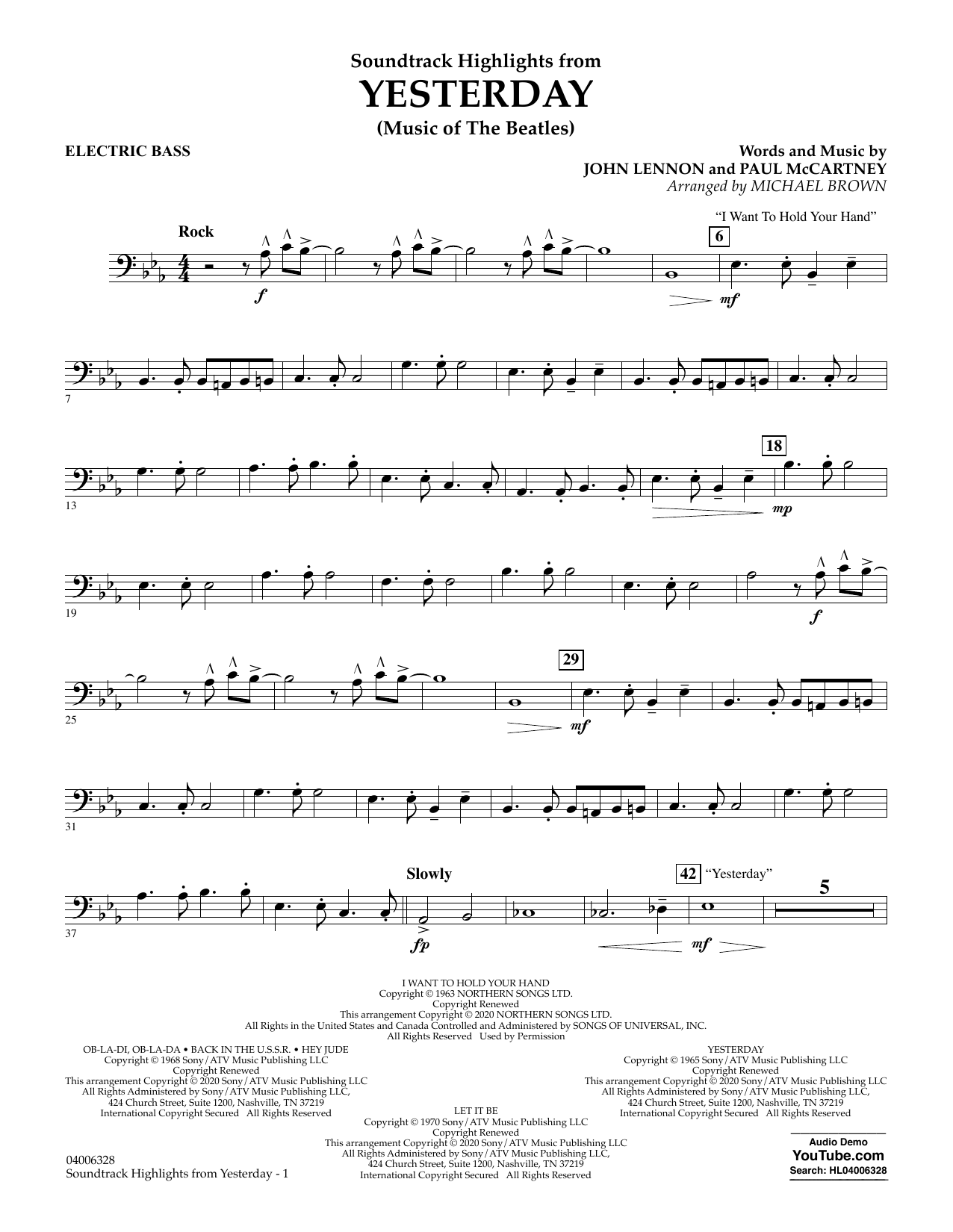 The Beatles Highlights from Yesterday (Music Of The Beatles) (arr. Michael Brown) - Electric Bass sheet music notes and chords arranged for Concert Band