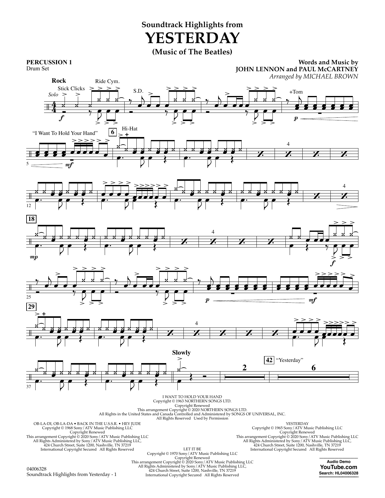 The Beatles Highlights from Yesterday (Music Of The Beatles) (arr. Michael Brown) - Percussion 1 sheet music notes and chords arranged for Concert Band