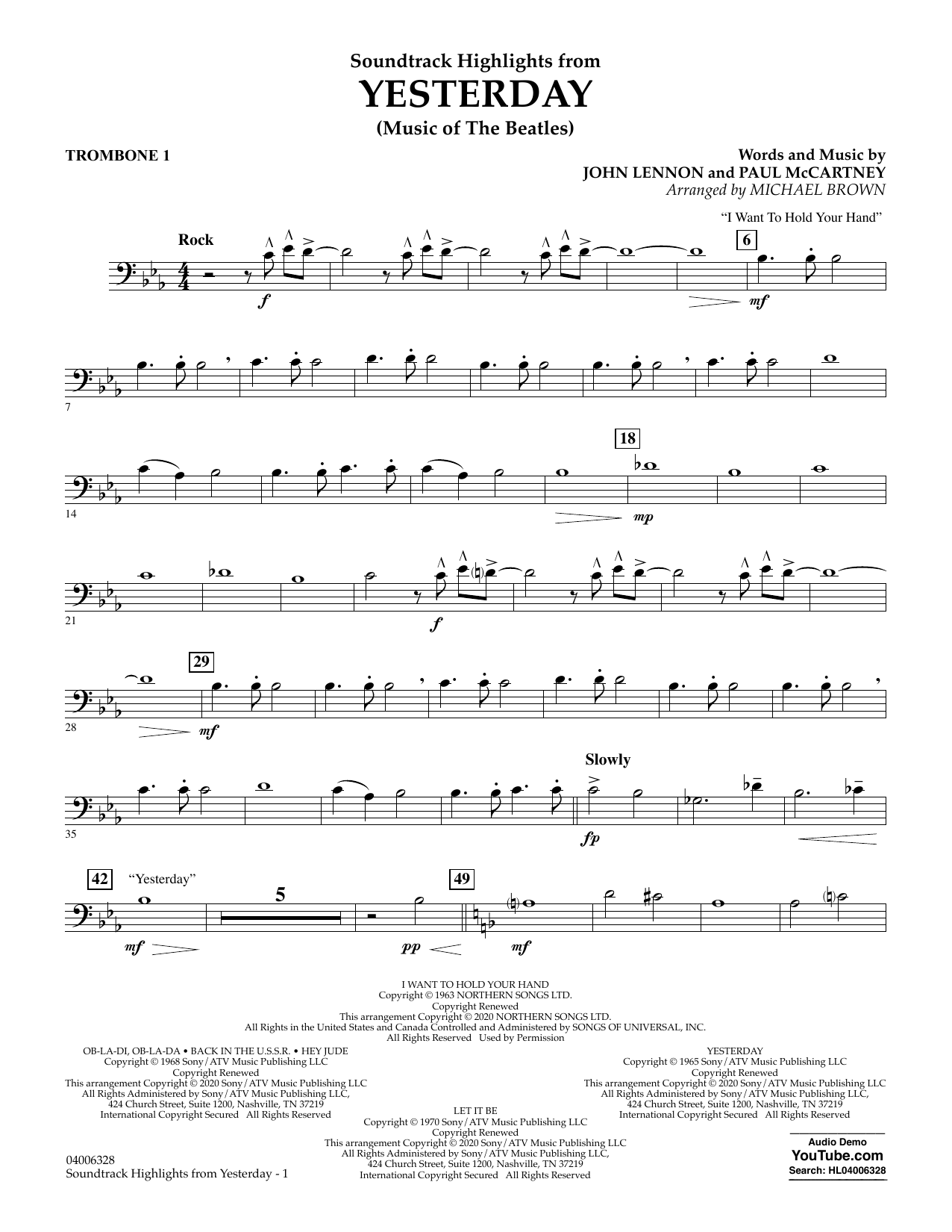 The Beatles Highlights from Yesterday (Music Of The Beatles) (arr. Michael Brown) - Trombone 1 sheet music notes and chords arranged for Concert Band