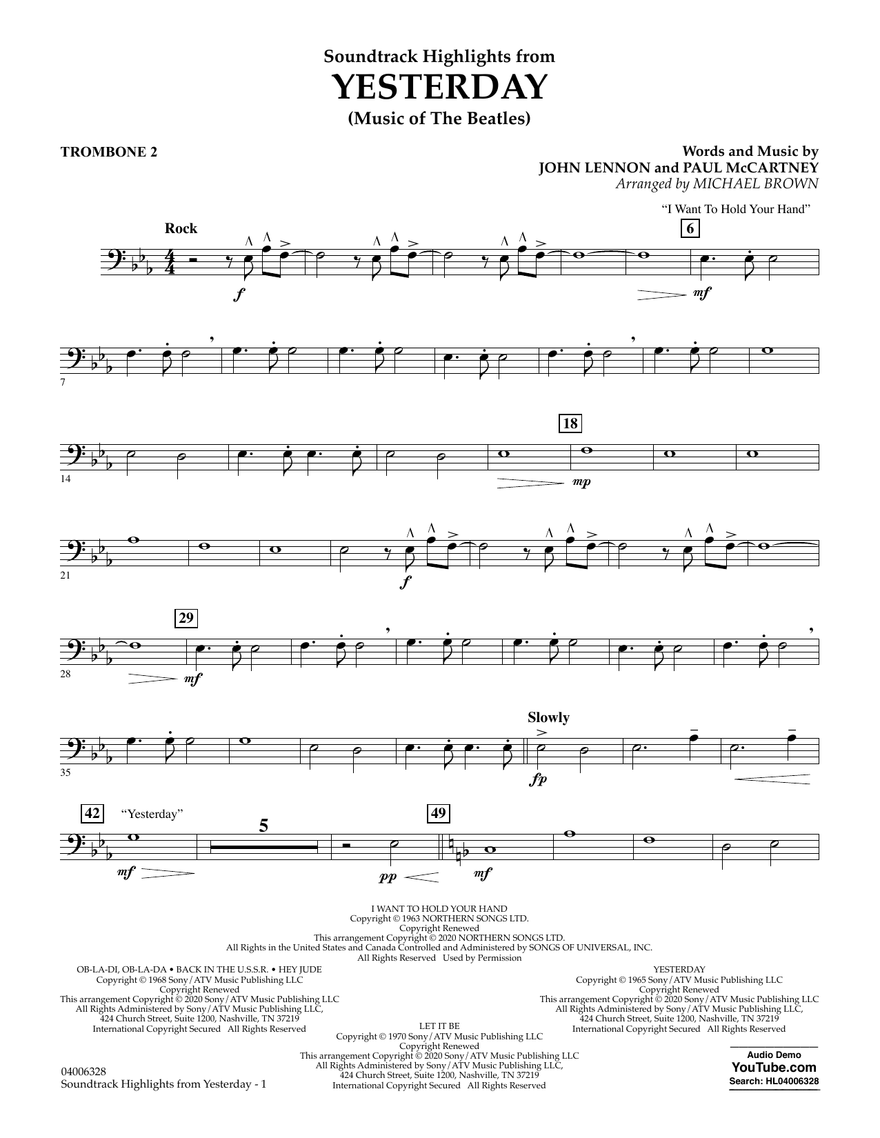 The Beatles Highlights from Yesterday (Music Of The Beatles) (arr. Michael Brown) - Trombone 2 sheet music notes and chords arranged for Concert Band