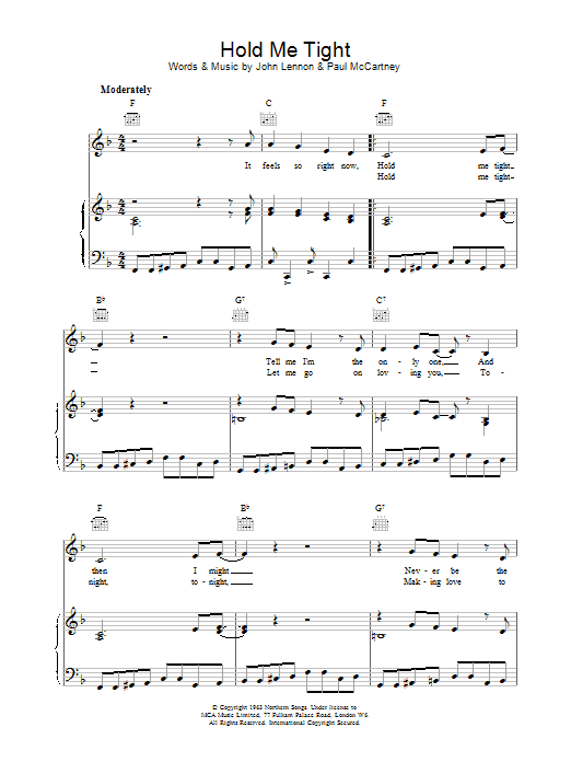 The Beatles Hold Me Tight sheet music notes and chords arranged for Piano, Vocal & Guitar Chords