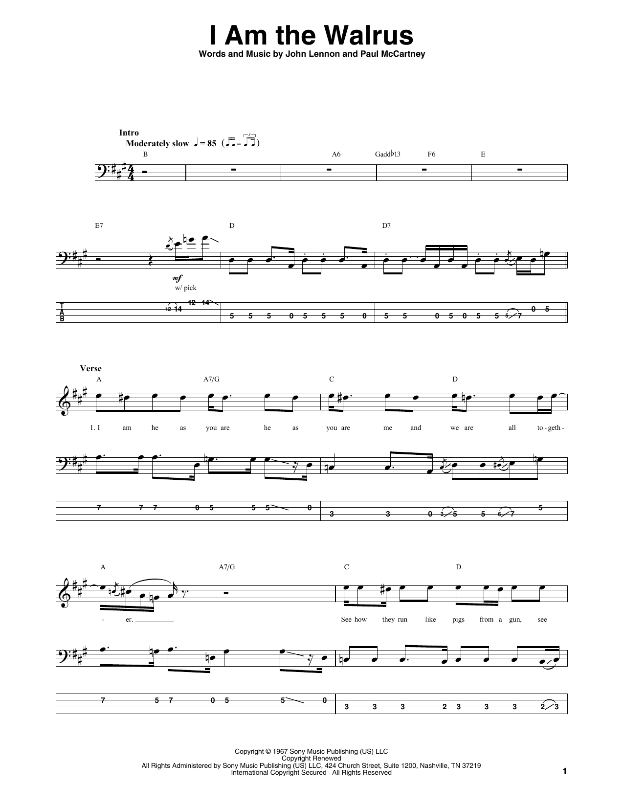 The Beatles I Am The Walrus sheet music notes and chords arranged for Piano, Vocal & Guitar Chords (Right-Hand Melody)