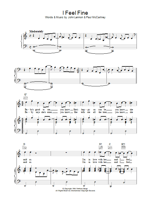 The Beatles I Feel Fine sheet music notes and chords arranged for Piano, Vocal & Guitar Chords (Right-Hand Melody)
