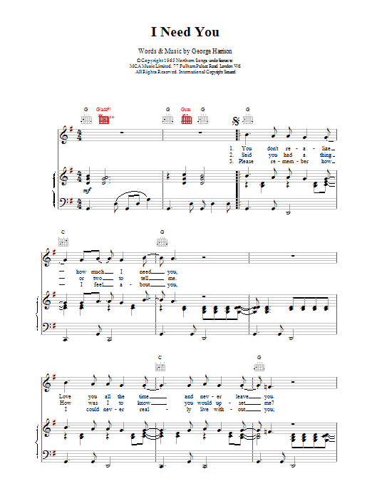 The Beatles I Need You sheet music notes and chords arranged for Piano, Vocal & Guitar Chords