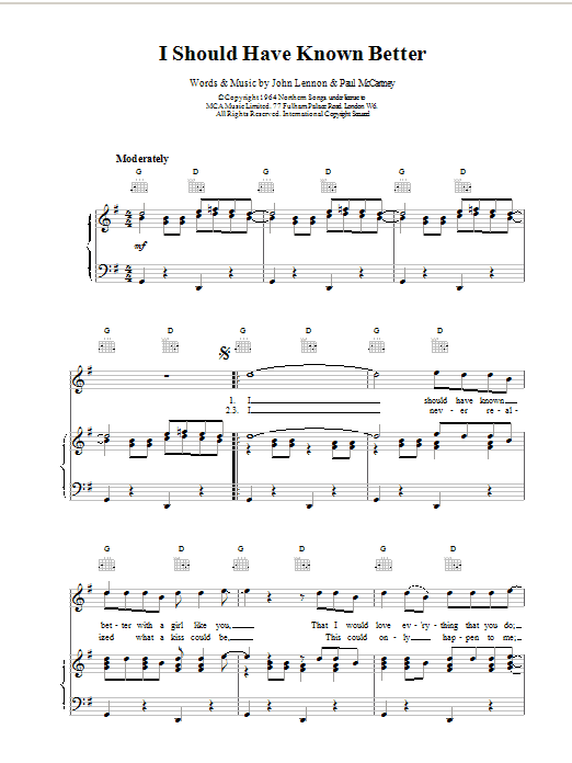 The Beatles I Should Have Known Better sheet music notes and chords arranged for Piano Solo