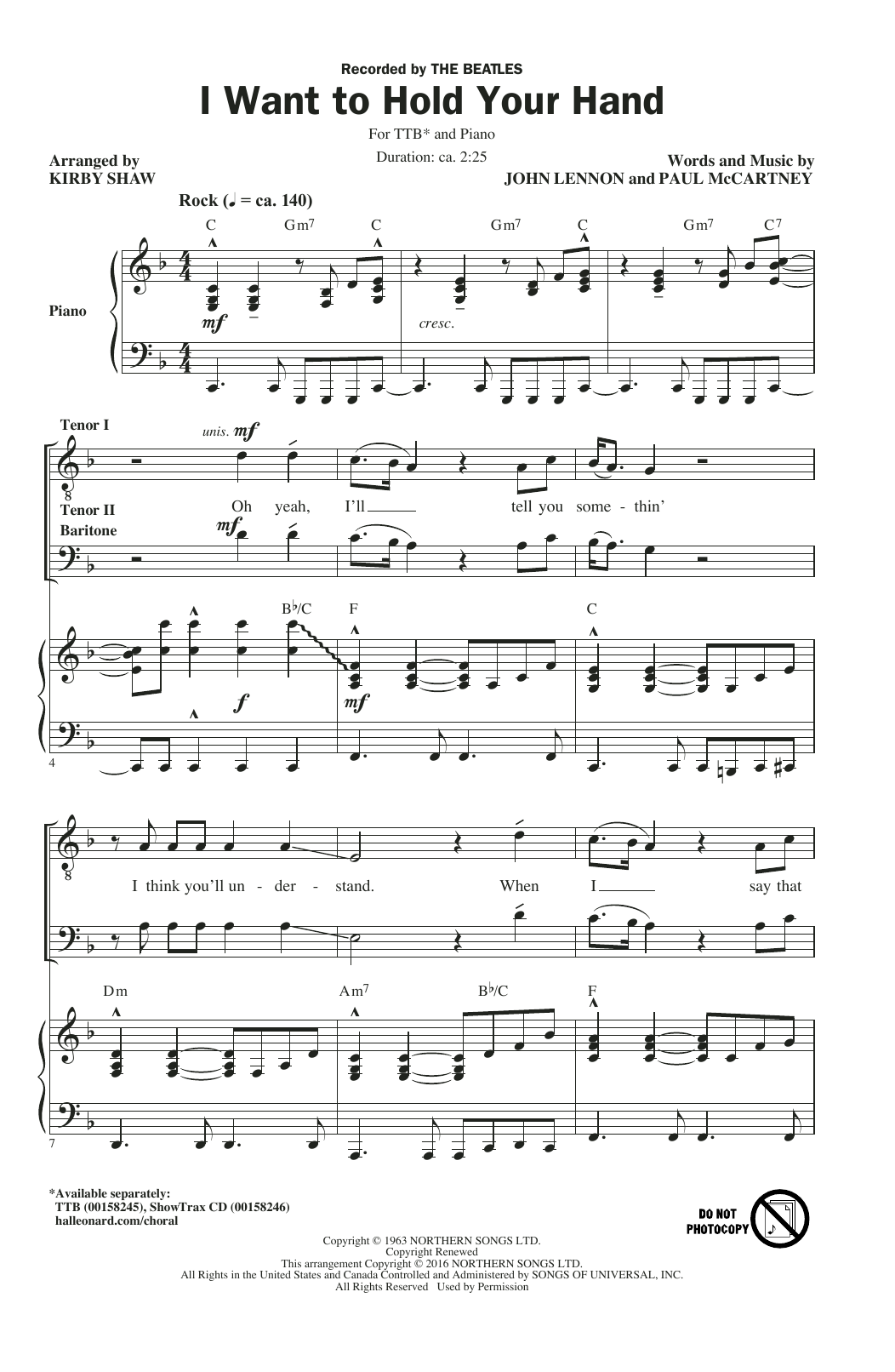 The Beatles I Want To Hold Your Hand (arr. Kirby Shaw) sheet music notes and chords arranged for TTB Choir