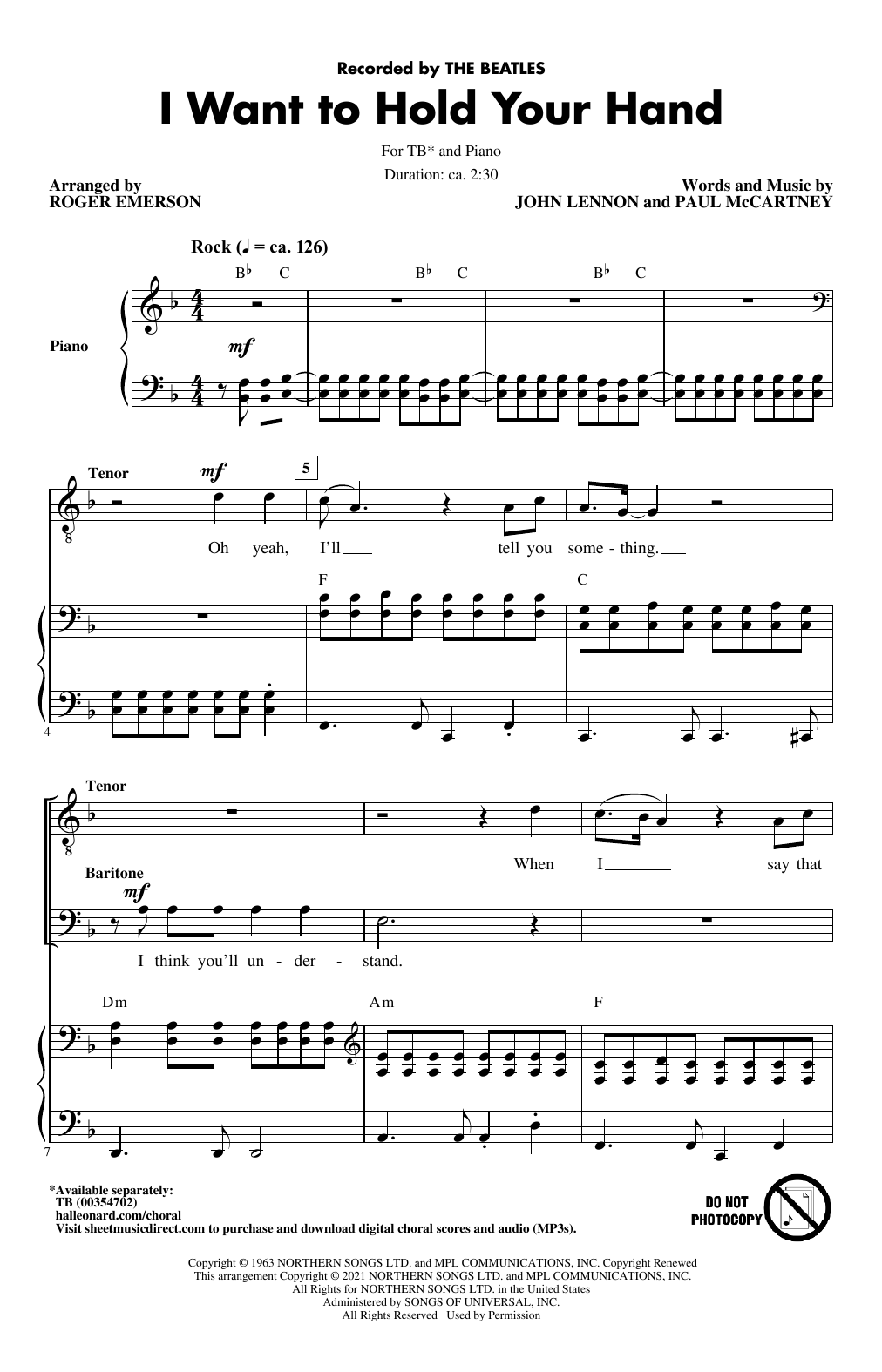 The Beatles I Want To Hold Your Hand (arr. Roger Emerson) sheet music notes and chords arranged for TB Choir