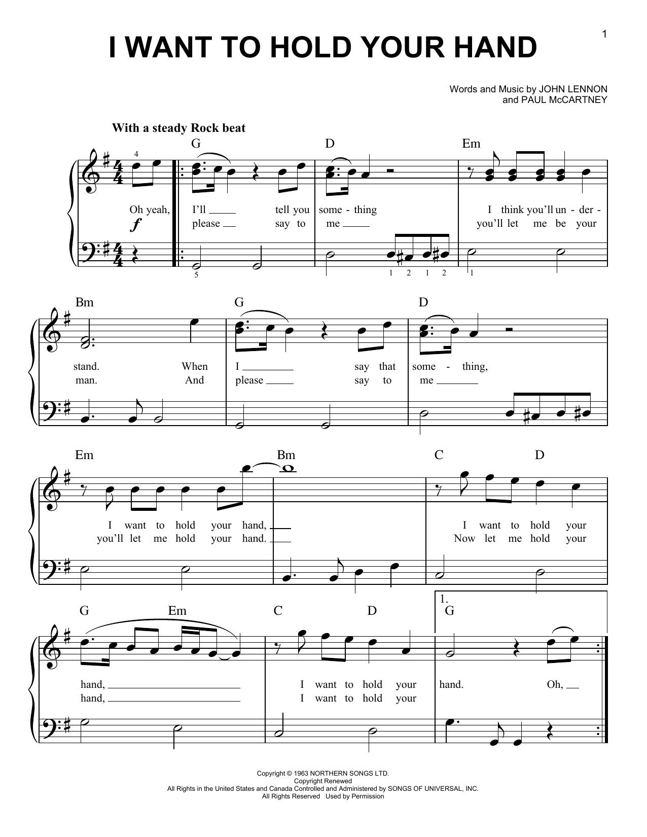The Beatles I Want To Hold Your Hand (from Yesterday) sheet music notes and chords arranged for Easy Piano