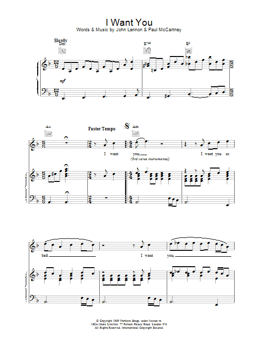The Beatles I Want You sheet music notes and chords arranged for Piano, Vocal & Guitar Chords