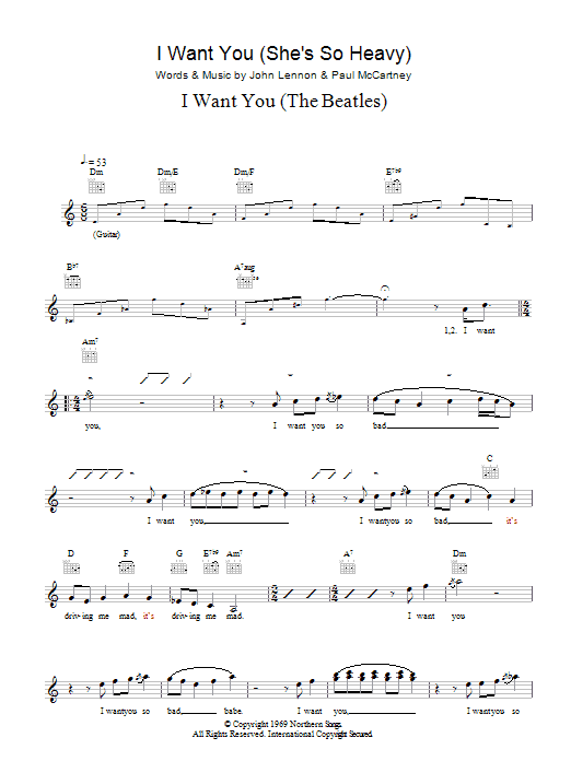 The Beatles I Want You (She's So Heavy) sheet music notes and chords arranged for Guitar Chords/Lyrics