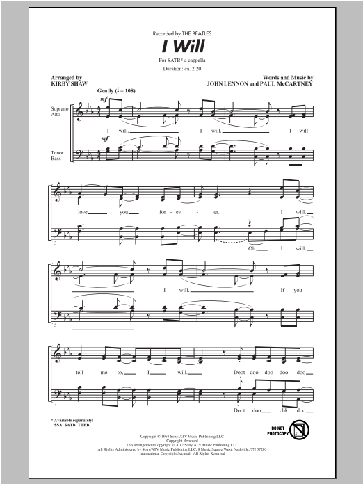 The Beatles I Will (arr. Kirby Shaw) sheet music notes and chords arranged for SATB Choir