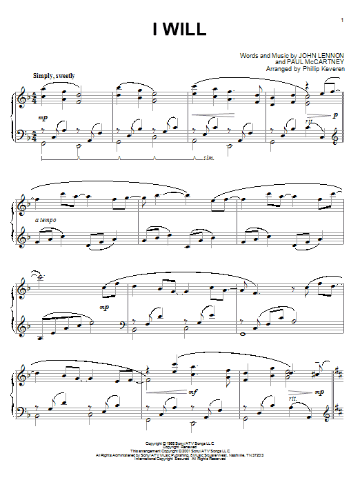 The Beatles I Will (arr. Phillip Keveren) sheet music notes and chords arranged for Piano Solo