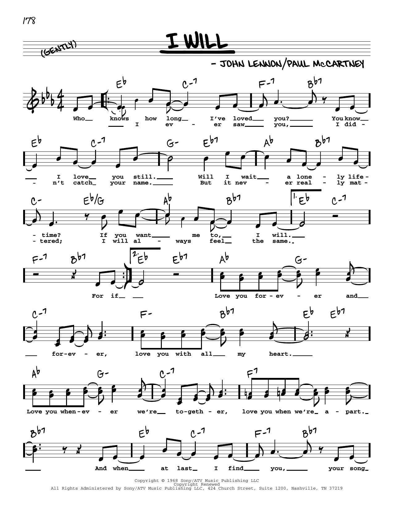 The Beatles I Will (High Voice) sheet music notes and chords arranged for Real Book – Melody, Lyrics & Chords