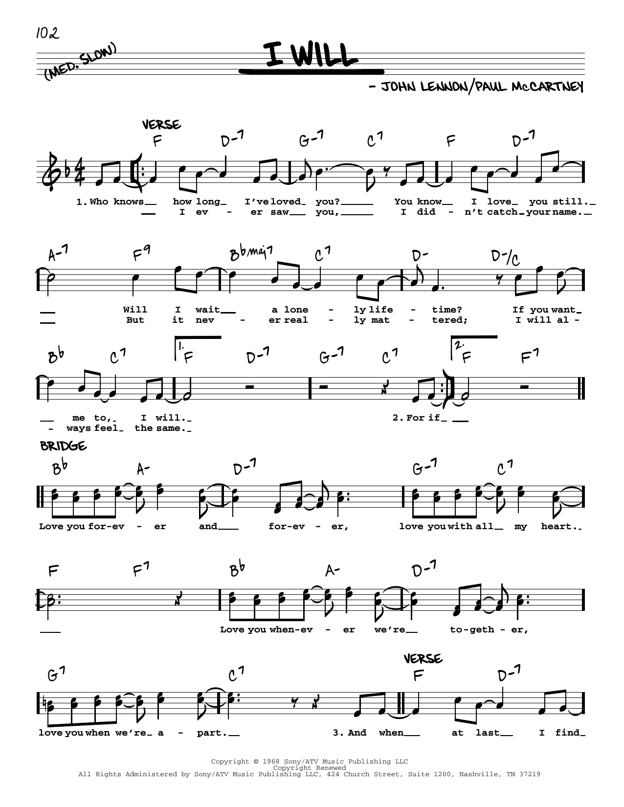 The Beatles I Will [Jazz version] sheet music notes and chords arranged for Real Book – Melody, Lyrics & Chords