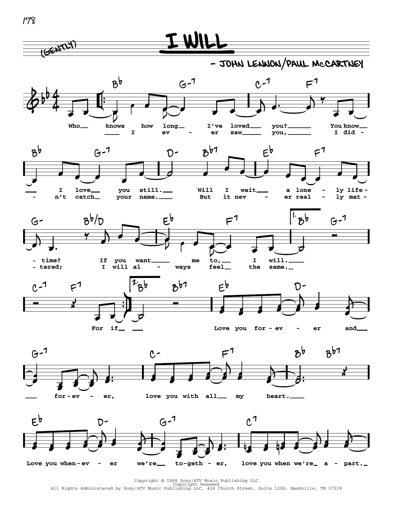 The Beatles I Will (Low Voice) sheet music notes and chords arranged for Real Book – Melody, Lyrics & Chords