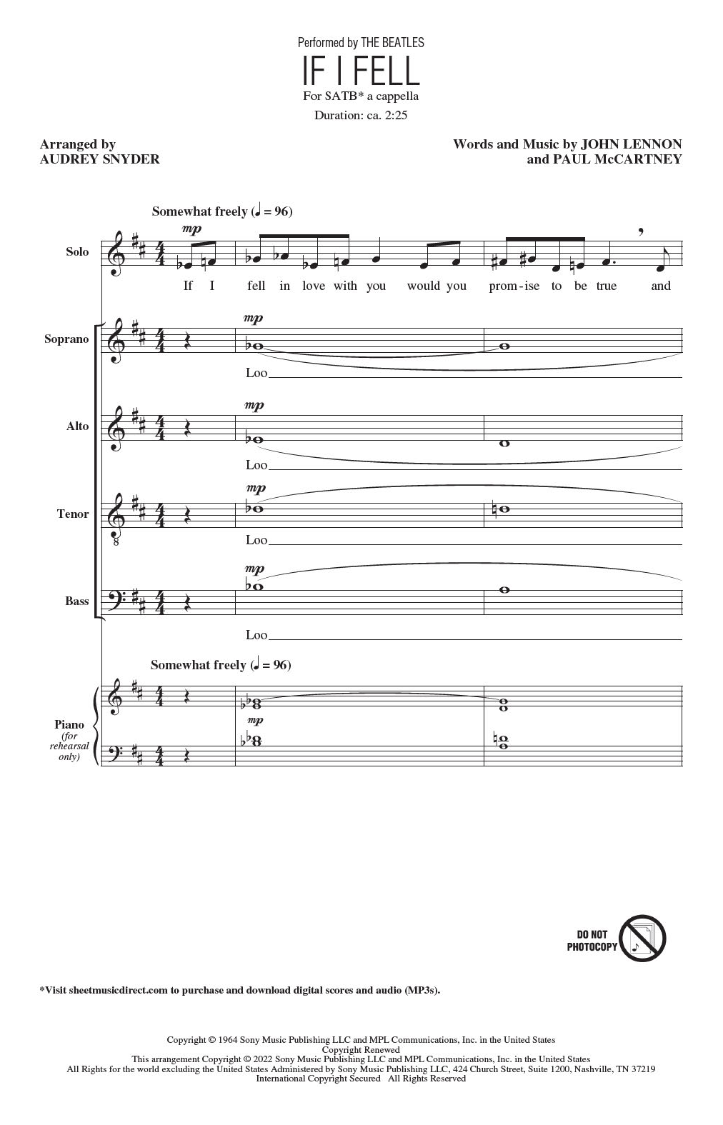 The Beatles If I Fell (arr. Audrey Snyder) sheet music notes and chords arranged for SATB Choir
