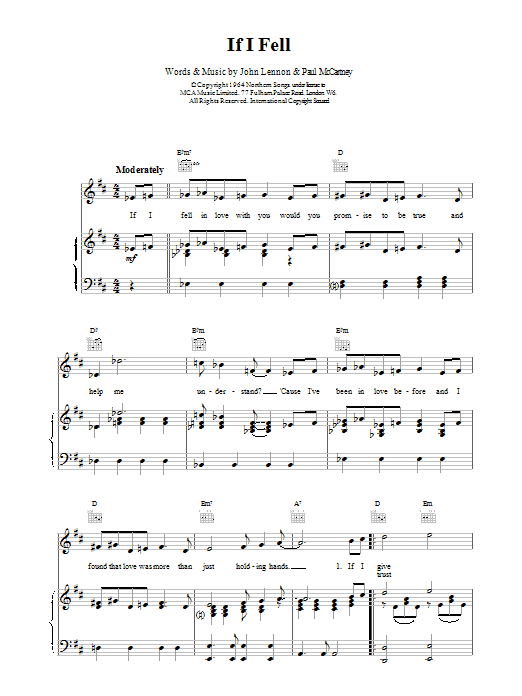 The Beatles If I Fell sheet music notes and chords arranged for Piano, Vocal & Guitar Chords (Right-Hand Melody)