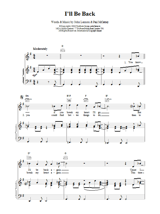 The Beatles I'll Be Back sheet music notes and chords arranged for Piano, Vocal & Guitar Chords