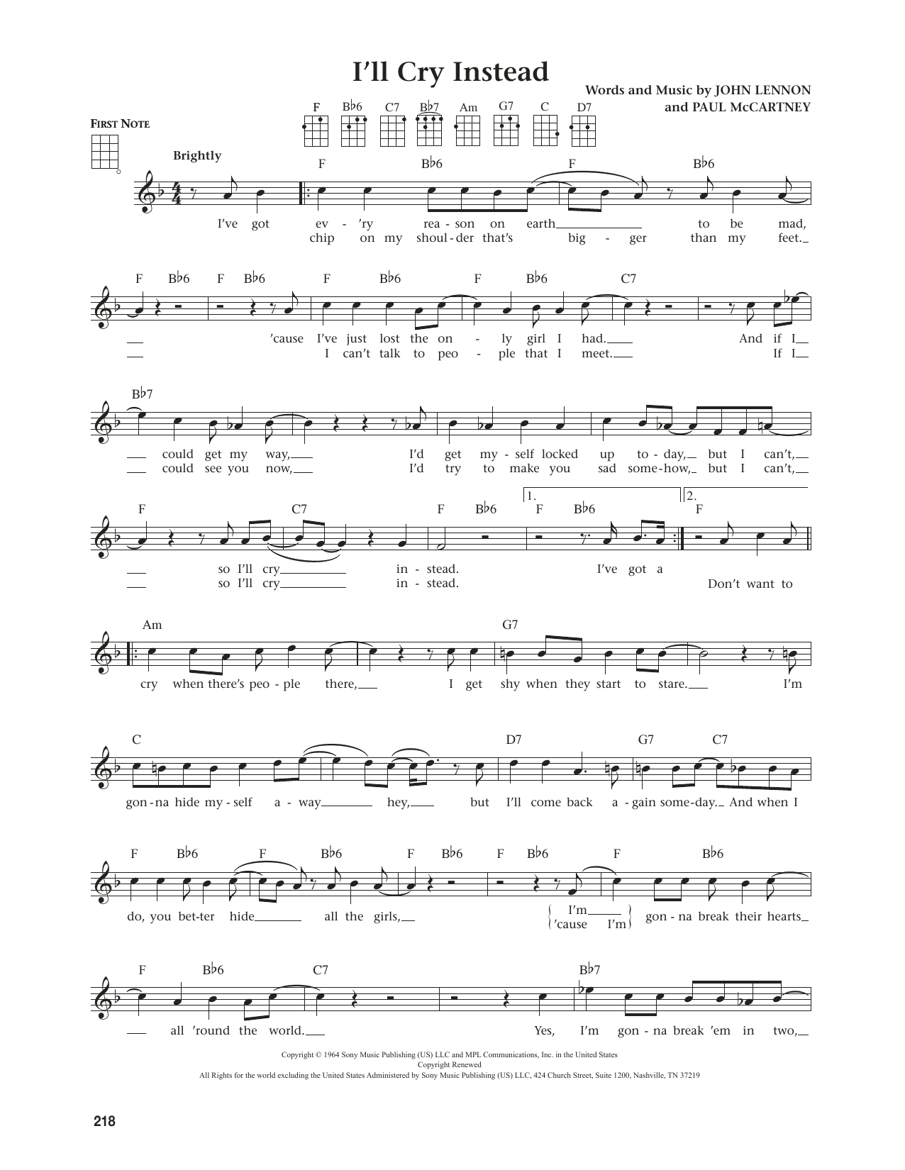 The Beatles I'll Cry Instead (from The Daily Ukulele) (arr. Jim Beloff) sheet music notes and chords arranged for Ukulele