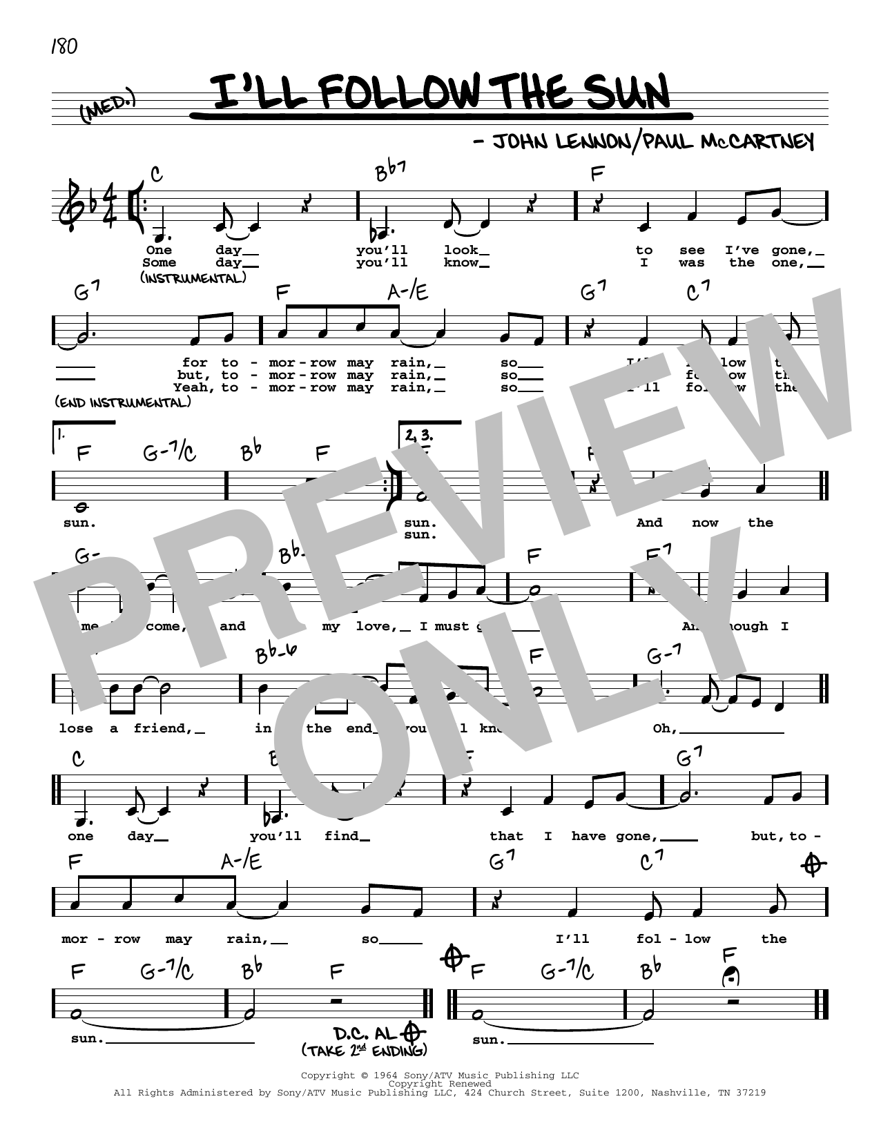 The Beatles I'll Follow The Sun (Low Voice) sheet music notes and chords arranged for Real Book – Melody, Lyrics & Chords