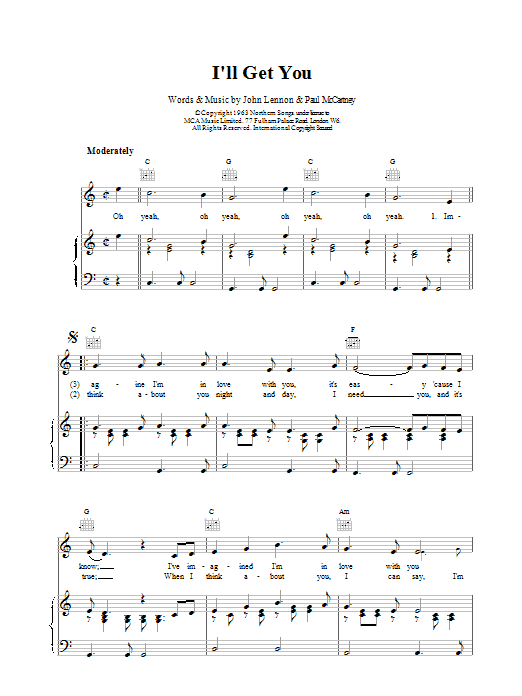 The Beatles I'll Get You sheet music notes and chords arranged for Piano, Vocal & Guitar Chords