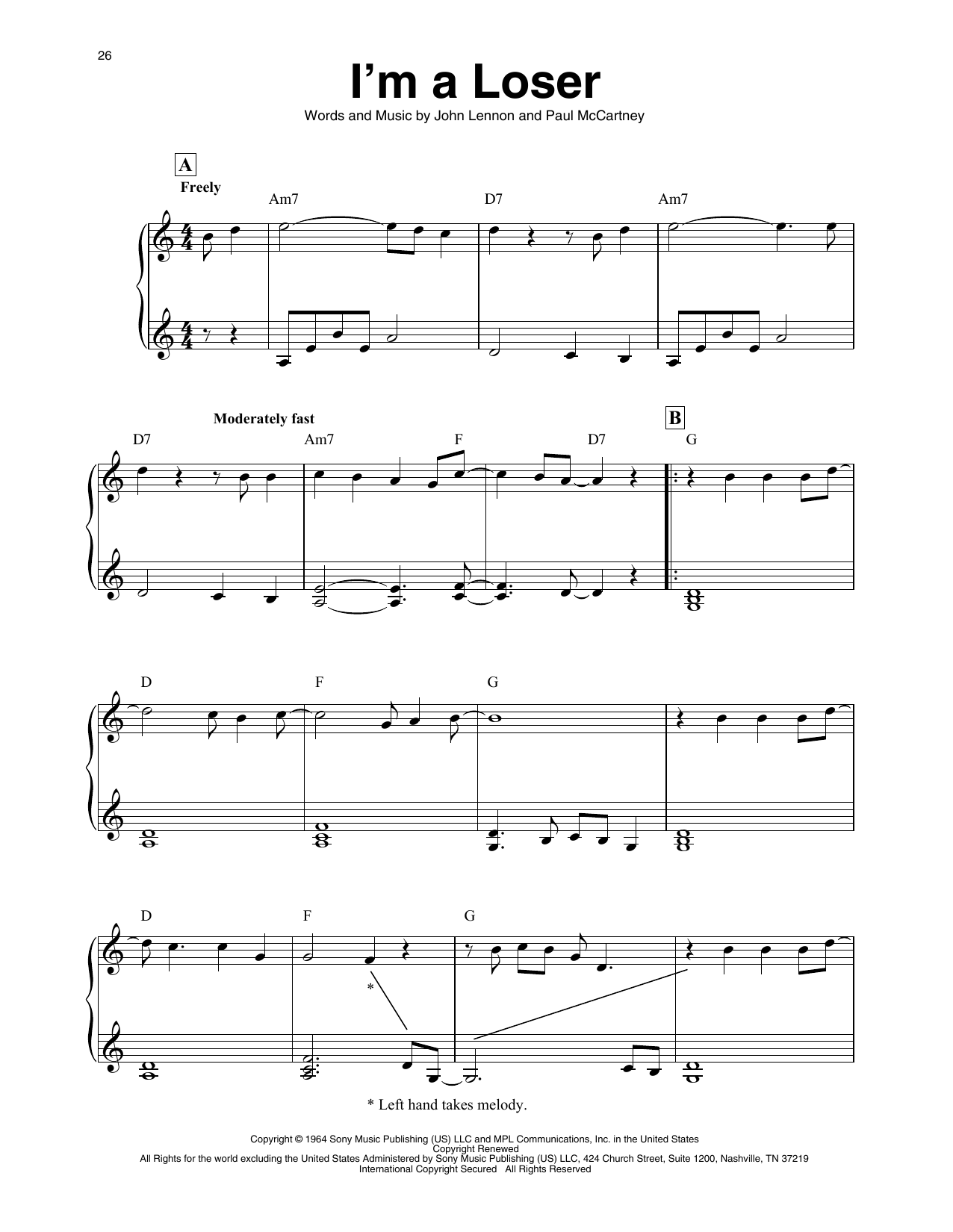 The Beatles I'm A Loser (arr. Maeve Gilchrist) sheet music notes and chords arranged for Harp