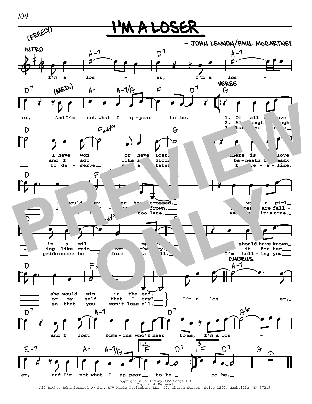 The Beatles I'm A Loser [Jazz version] sheet music notes and chords arranged for Real Book – Melody, Lyrics & Chords