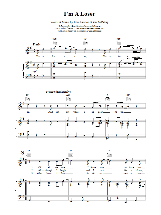 The Beatles I'm A Loser sheet music notes and chords arranged for Clarinet Solo