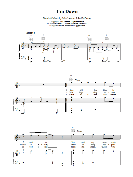 The Beatles I'm Down sheet music notes and chords arranged for Piano, Vocal & Guitar Chords