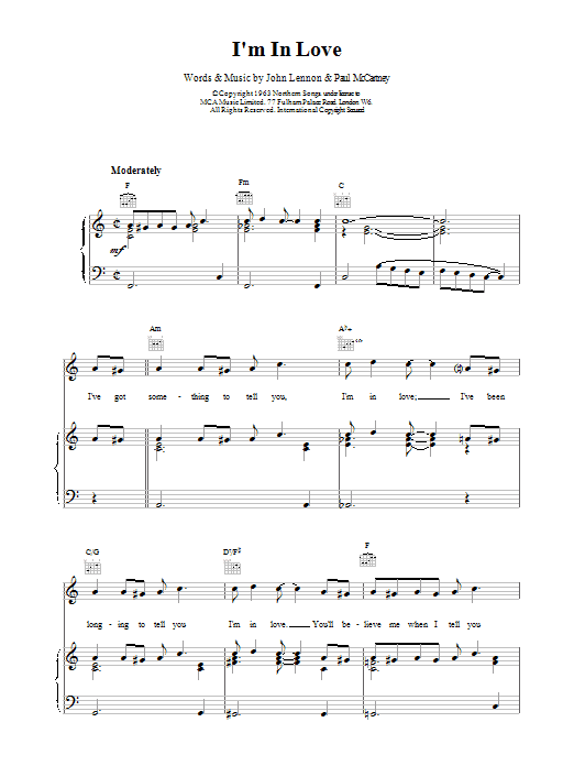 The Beatles I'm In Love sheet music notes and chords arranged for Piano, Vocal & Guitar Chords