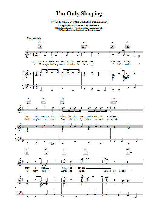 The Beatles I'm Only Sleeping sheet music notes and chords arranged for Piano, Vocal & Guitar Chords