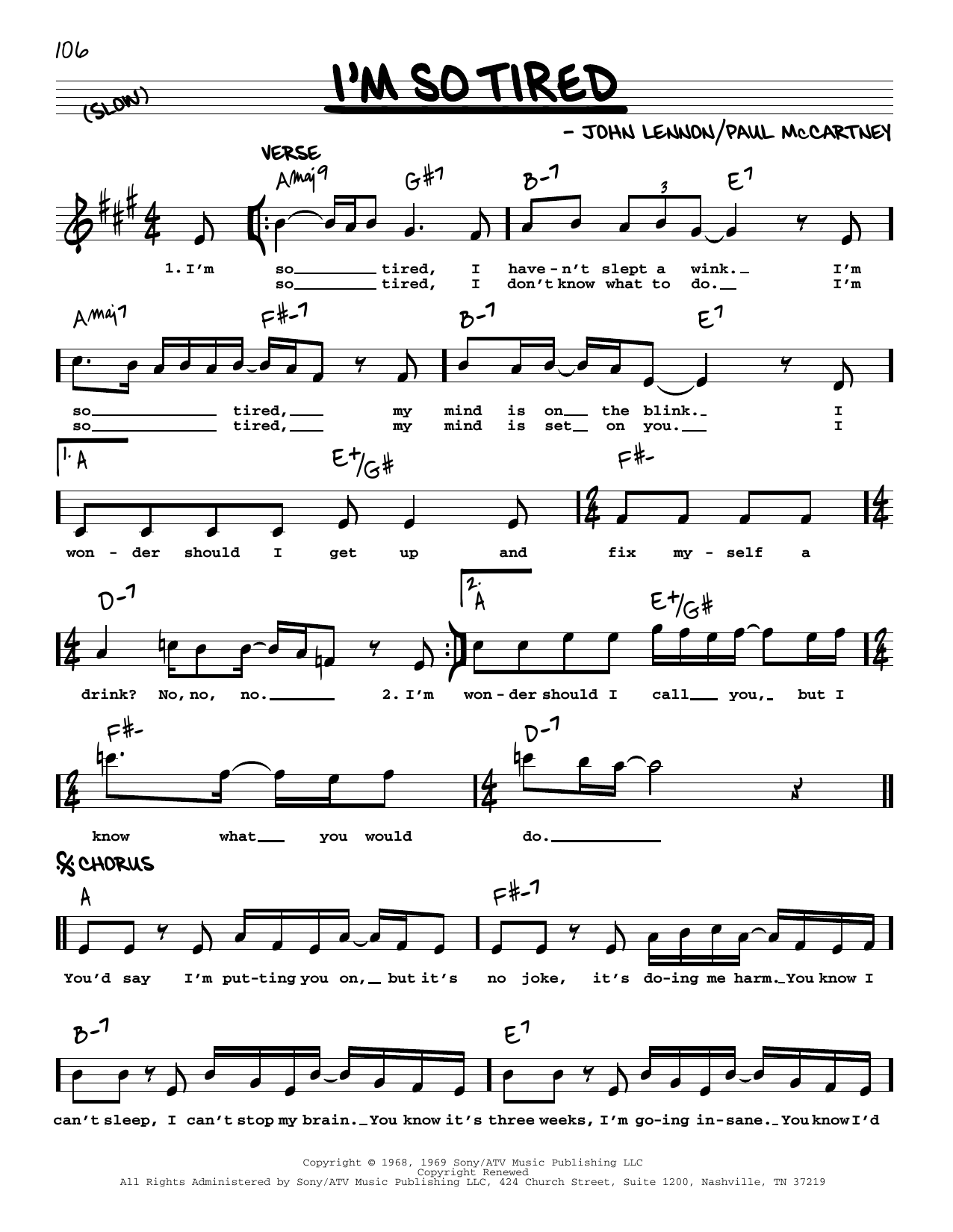 The Beatles I'm So Tired [Jazz version] sheet music notes and chords arranged for Real Book – Melody, Lyrics & Chords