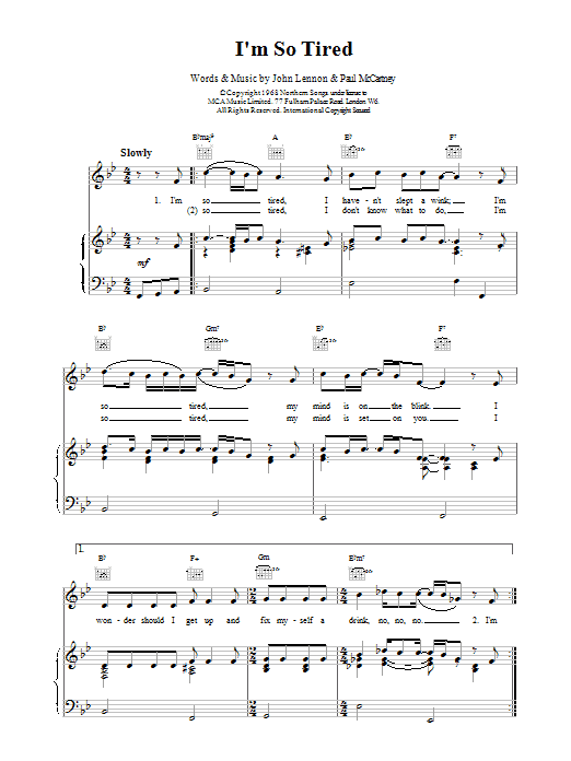 The Beatles I'm So Tired sheet music notes and chords arranged for Piano, Vocal & Guitar Chords (Right-Hand Melody)