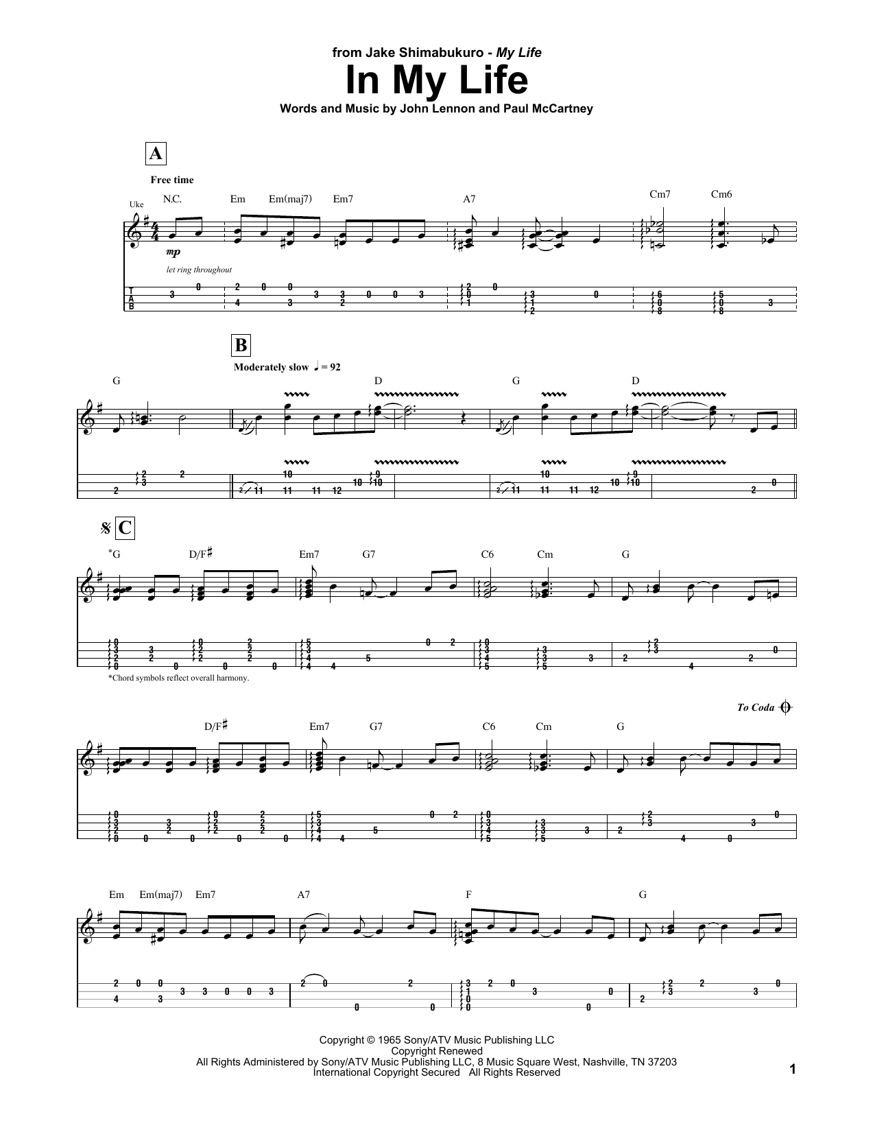 The Beatles In My Life (arr. Jake Shimabukuro) sheet music notes and chords arranged for Ukulele Tab