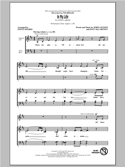 The Beatles In My Life (arr. Steve Zegree) sheet music notes and chords arranged for SATB Choir